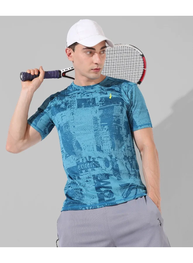 Campus Sutra Men's Blue Printed Regular Fit Activewear T-Shirt