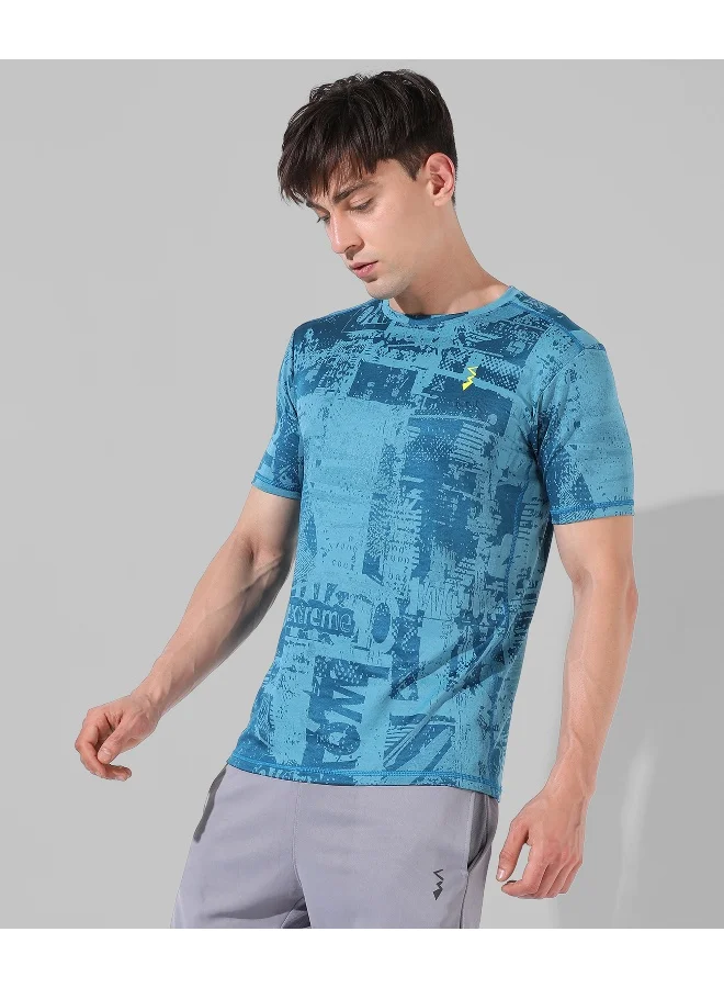 Campus Sutra Men's Blue Printed Regular Fit Activewear T-Shirt
