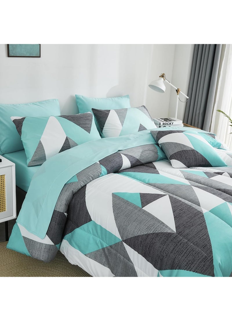 JIJI - Single Size Premium Cotton Zigzag Chevron Turquoise Teal and Grey Comforter Pattern Set 6 Pcs Soft and Breathable Comforter with Deep Pocket Easy Care Fitted Sheet 4 Pillowcases - Image 1
