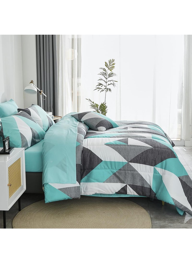 JIJI - Single Size Premium Cotton Zigzag Chevron Turquoise Teal and Grey Comforter Pattern Set 6 Pcs Soft and Breathable Comforter with Deep Pocket Easy Care Fitted Sheet 4 Pillowcases - Image 1