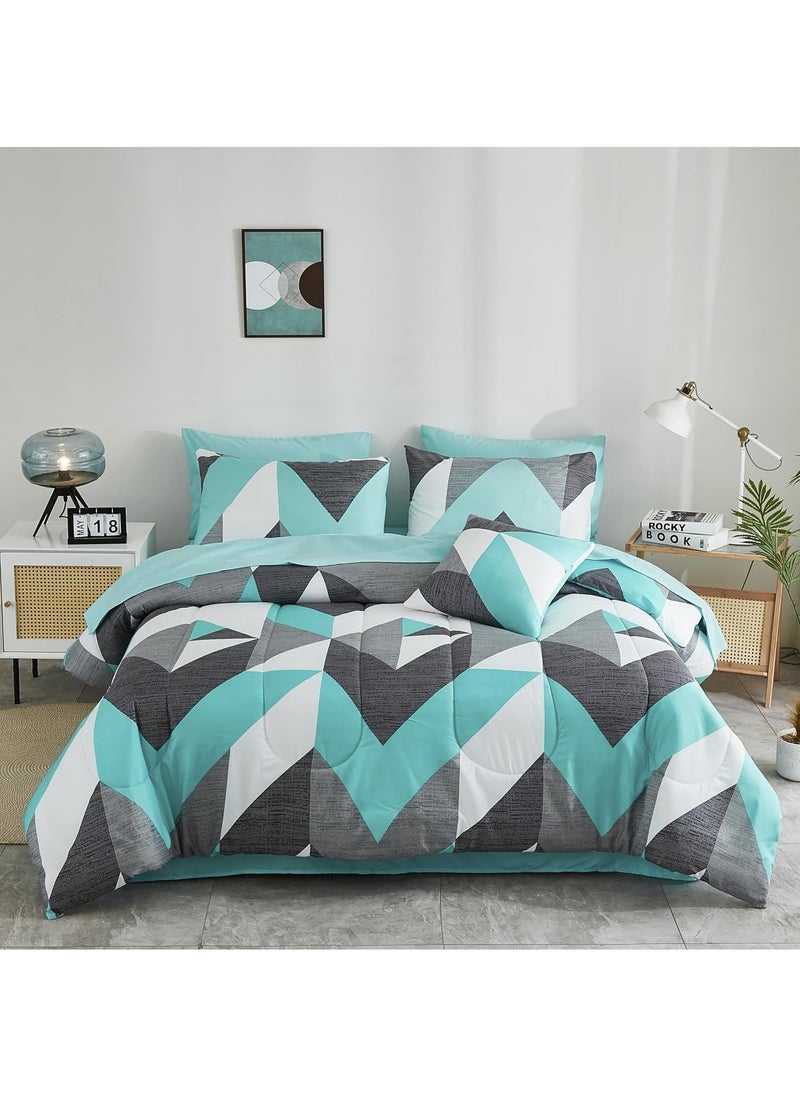 JIJI - Single Size Premium Cotton Zigzag Chevron Turquoise Teal and Grey Comforter Pattern Set 6 Pcs Soft and Breathable Comforter with Deep Pocket Easy Care Fitted Sheet 4 Pillowcases - Image 1