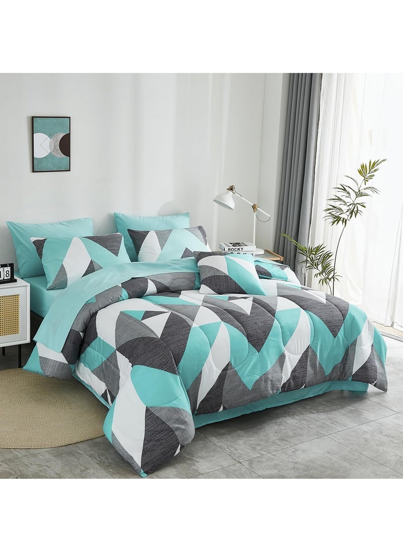 JIJI - Single Size Premium Cotton Zigzag Chevron Turquoise Teal and Grey Comforter Pattern Set 6 Pcs Soft and Breathable Comforter with Deep Pocket Easy Care Fitted Sheet 4 Pillowcases - Image 1