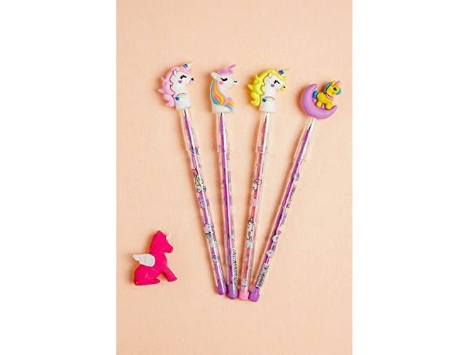 RH مجموعة أقلام يونيكورن مع ممحاة، 4 أقلام و 1 ممحاة علوية للأطفال، أدوات مكتبية للبنات والأولاد هدايا عيد الميلاد - Image 3