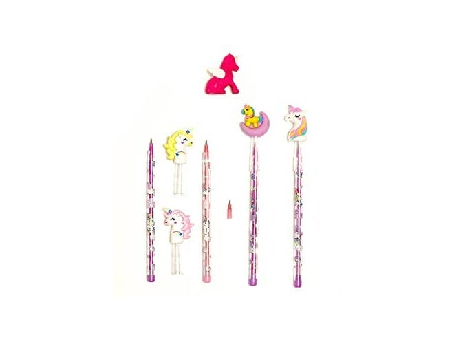 RH مجموعة أقلام يونيكورن مع ممحاة، 4 أقلام و 1 ممحاة علوية للأطفال، أدوات مكتبية للبنات والأولاد هدايا عيد الميلاد - Image 1