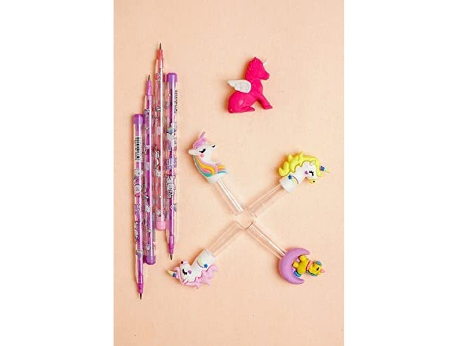 RH مجموعة أقلام يونيكورن مع ممحاة، 4 أقلام و 1 ممحاة علوية للأطفال، أدوات مكتبية للبنات والأولاد هدايا عيد الميلاد - Image 2