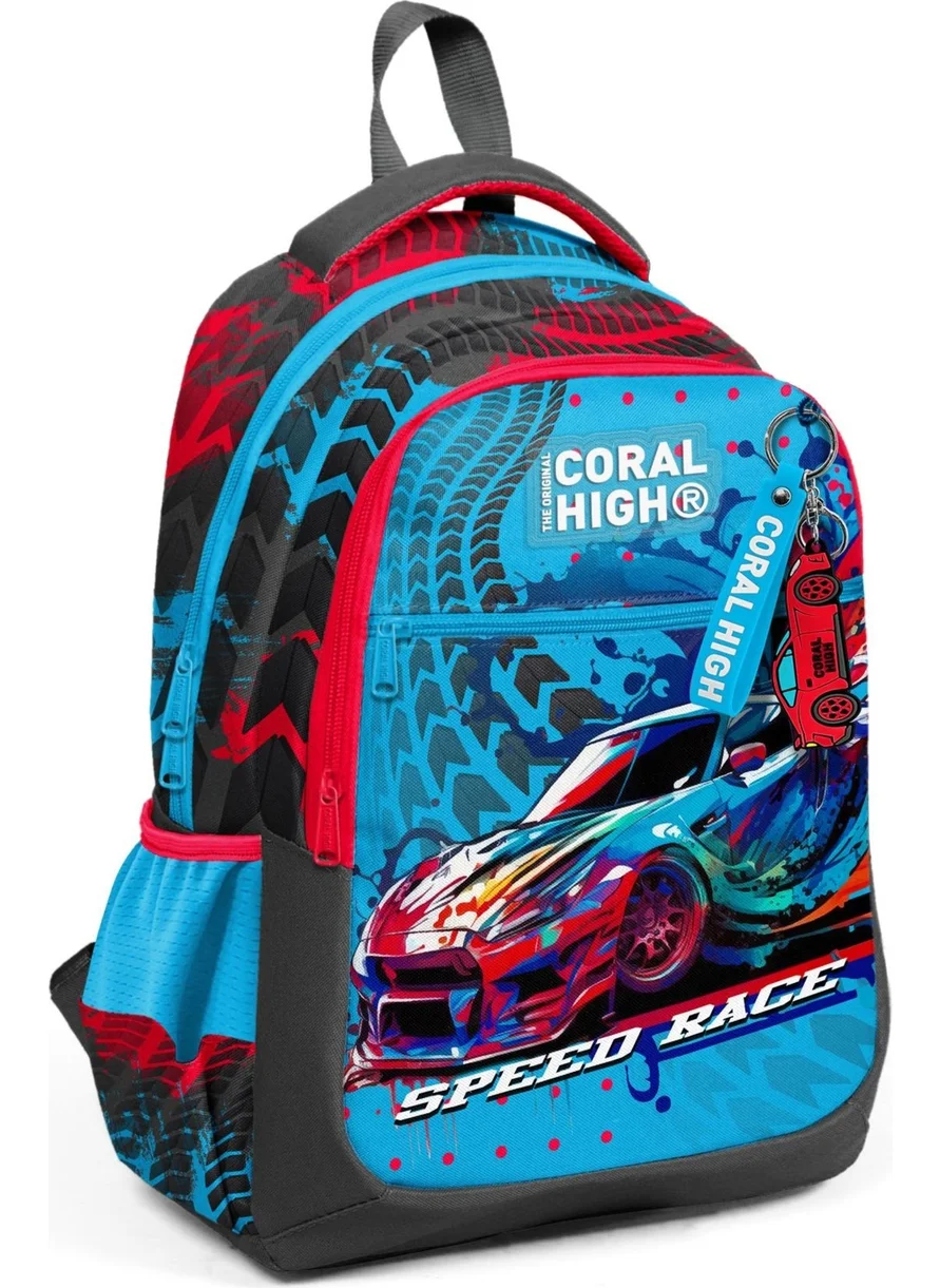 CORAL HIGH Kids Gray Blue Race Car Patterned Three Compartment School Backpack 23652