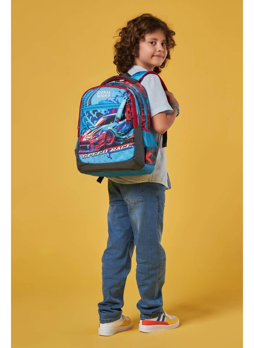 CORAL HIGH Kids Gray Blue Race Car Patterned Three Compartment School Backpack 23652