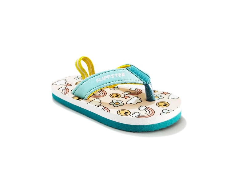 Flipster Toddler Flip Flops with Cute Rainbow Smiley Design, Light Cyan and Yellow. - Image 1