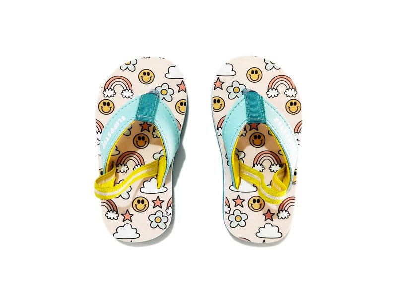 Flipster Toddler Flip Flops with Cute Rainbow Smiley Design, Light Cyan and Yellow. - Image 4