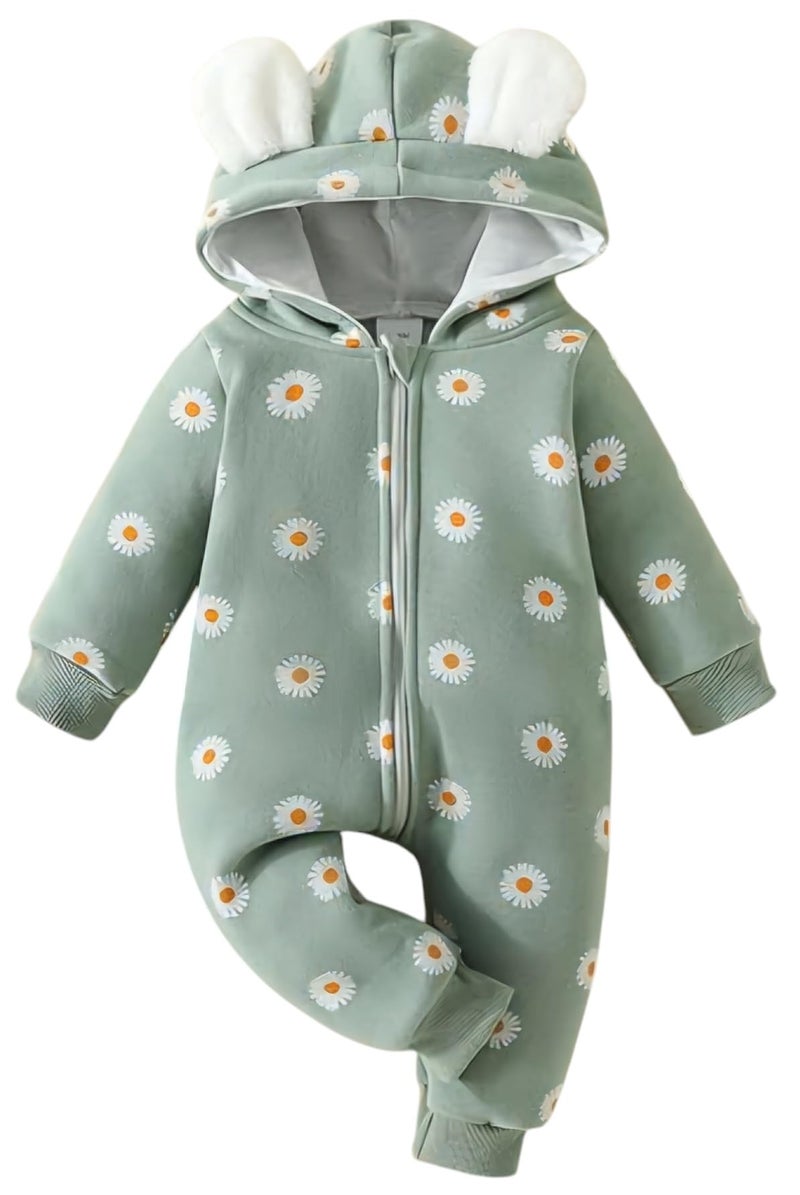 BRANDONN Kids cotton fleece jumpsuit romper sleepsuit hooded semi winter baby boys & girls, (9-12 Months, Pista Green) - Image 1