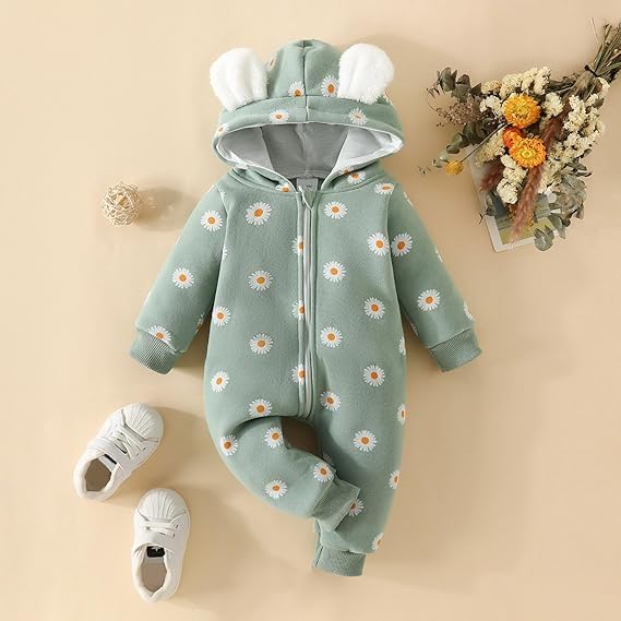 BRANDONN Kids cotton fleece jumpsuit romper sleepsuit hooded semi winter baby boys & girls, (9-12 Months, Pista Green) - Image 2
