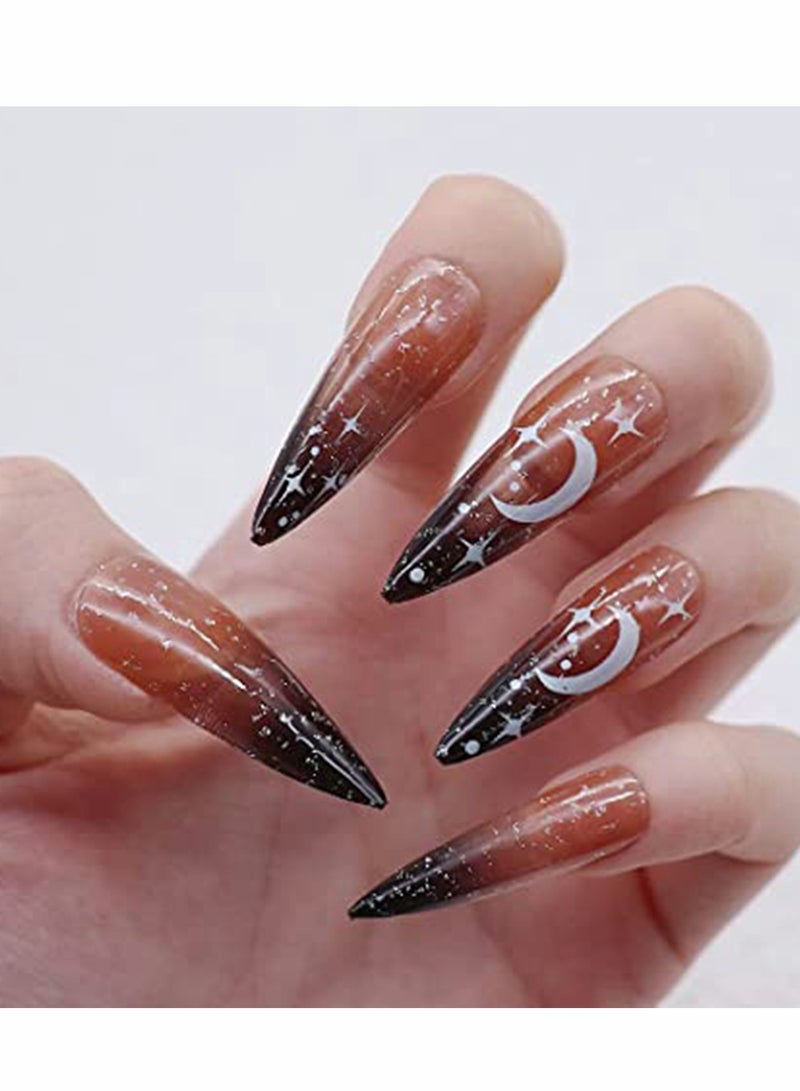 KASTWAVE Fake Nails, 24pcs Stiletto Press on Nail Gradient Black Fake  Shiny Full Cover Artificial    False for Women and Girls - Image 1