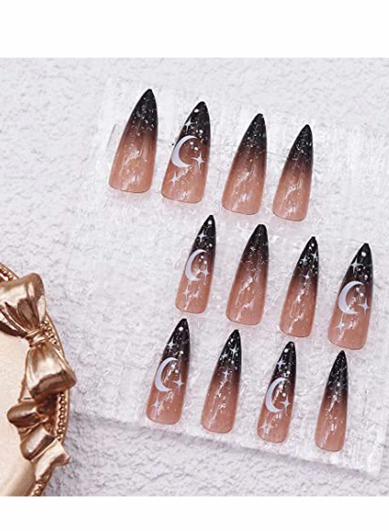 KASTWAVE Fake Nails, 24pcs Stiletto Press on Nail Gradient Black Fake  Shiny Full Cover Artificial    False for Women and Girls - Image 4