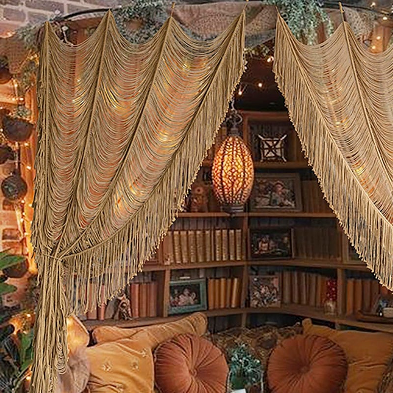 Flber Macrame Curtain Boho Curtain Doorway Window Wall Decor Fiber Yarn Art Handwoven Wall Hanging Art Craftsmanship Home Door Bedroom Wedding Backdrop Arch,Closet Room Divider 59" W x 75" H (1 Panel,Khaki) - Image 1