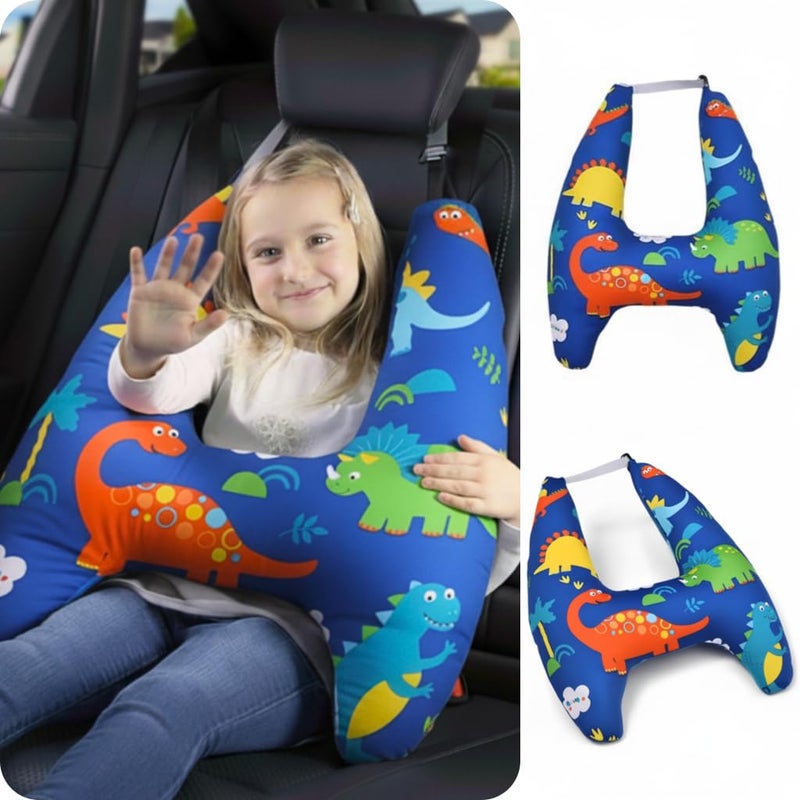 eaonitu Travel Pillow Car Cushion for Kids 6 Years Old Shoulder Neck Back Support Seat Belt Comfort Road Trip Cozy Sleeping Gift for Young Travelers Parents Families Baby Shower Dinosaur Blue