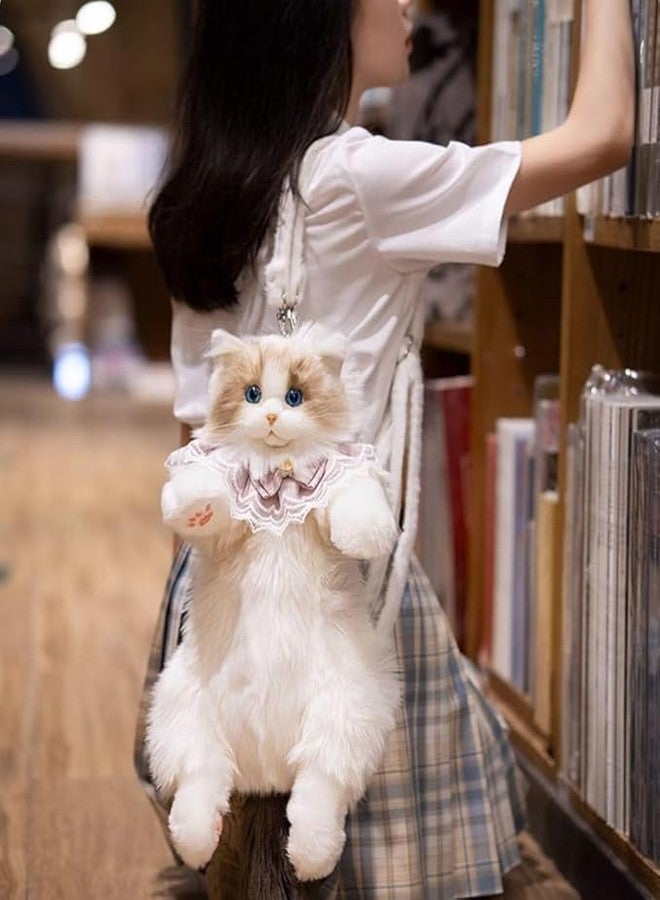 Onecado Ragdoll Cat Plush Backpack - Fluffy Realistic Stuffed Animal Shoulder Bag with Elegant Lace Bow Collar, Kawaii Kitten Purse for Girls - Image 2