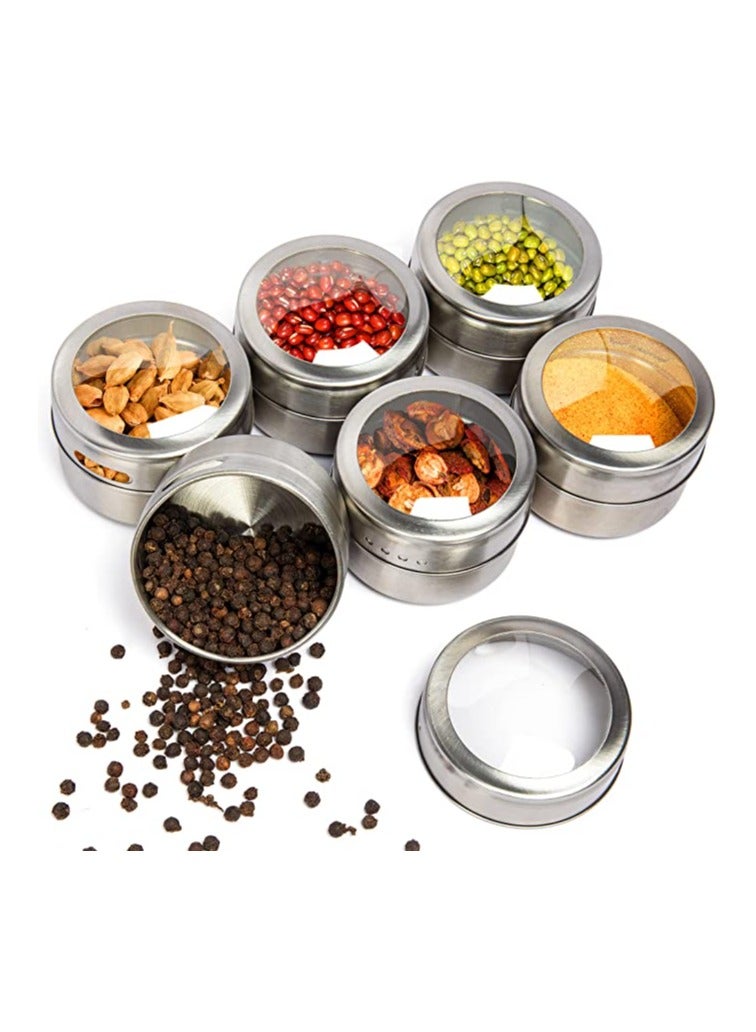وهاواي 6pcs Magnetic Spice Tins Stainless Steel, Spice Storage Container Spice Jar Magnetic Clear Top Lid with Sift or Pour, Magnetic on Refrigerator and Grill Kitchen Organization ﻿ 