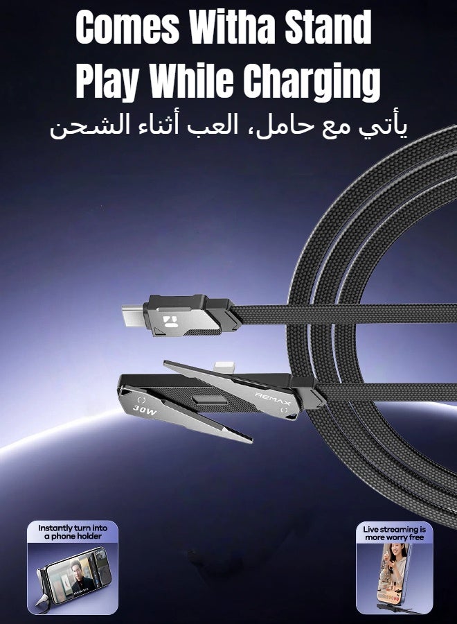 REMAX CB53 USB-C to Lightning 30W PD Fast Charging Braided Cable 1.2M with Built-in Phone Stand, MFi Certified, for iPhone 11/12/13/14 Series & All Lightning Devices (Black) - Image 4