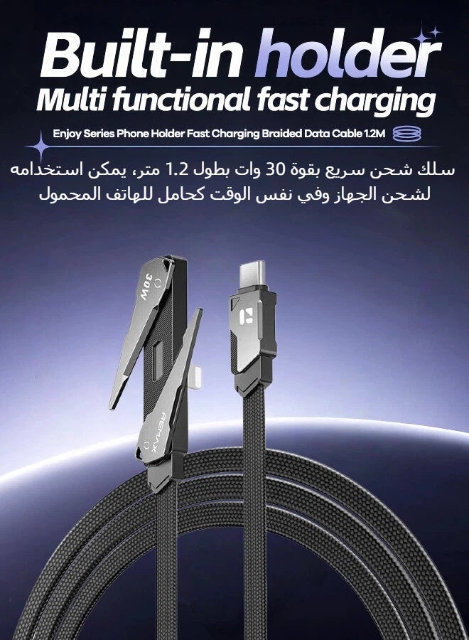REMAX CB53 USB-C to Lightning 30W PD Fast Charging Braided Cable 1.2M with Built-in Phone Stand, MFi Certified, for iPhone 11/12/13/14 Series & All Lightning Devices (Black) - Image 3