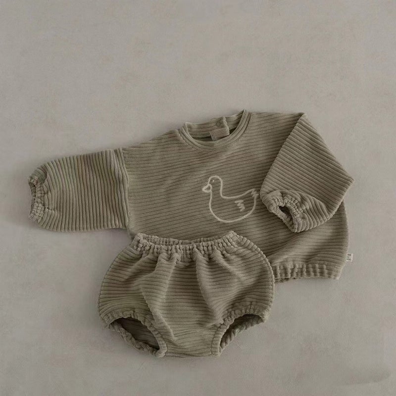 Korean Style Ins Thread Circle Plain Cartoon Duck Shorts Suit Boys And Girls Home Outing - Image 3