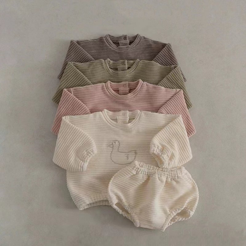 Korean Style Ins Thread Circle Plain Cartoon Duck Shorts Suit Boys And Girls Home Outing - Image 2