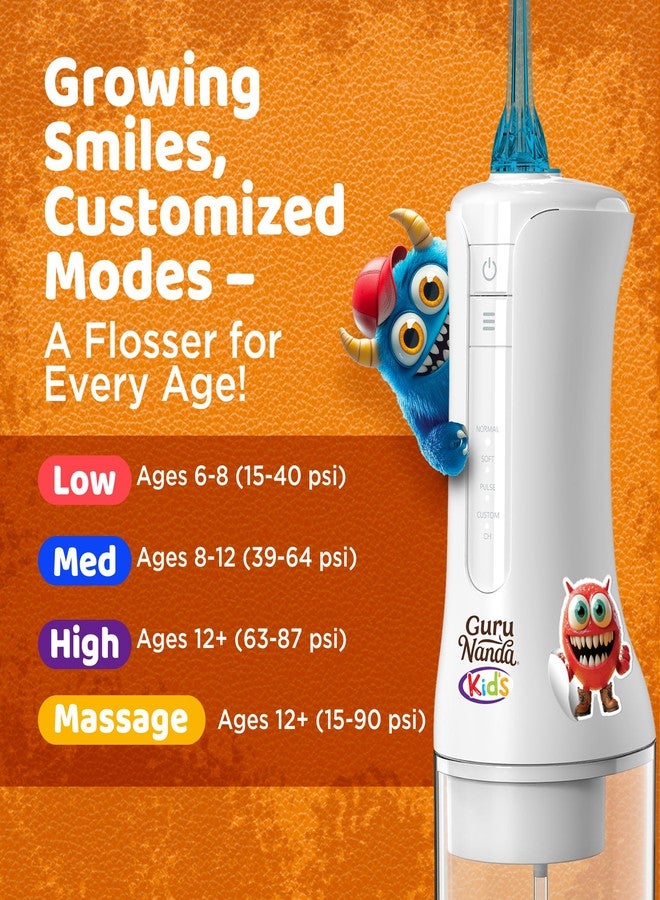 GuruNanda Kids Water Dental Flosser - 4 Flossing Modes, 4 Nozzles, 2-Min Smart Timer, Ages 6+, Monster Frens Theme, Portable Oral Care for Kids - Image 3