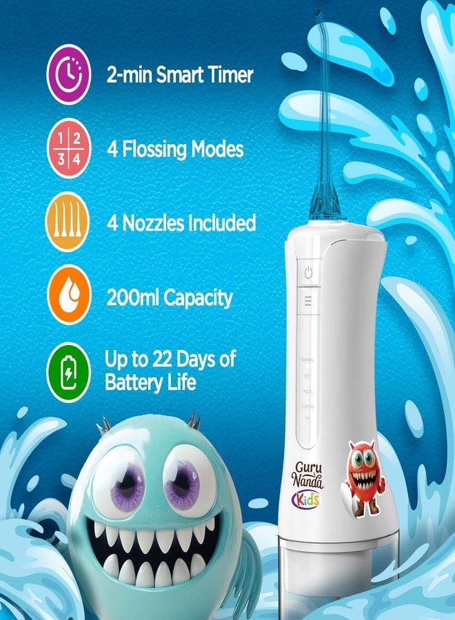 GuruNanda Kids Water Dental Flosser - 4 Flossing Modes, 4 Nozzles, 2-Min Smart Timer, Ages 6+, Monster Frens Theme, Portable Oral Care for Kids - Image 2