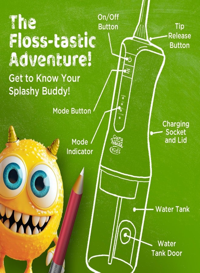 GuruNanda Kids Water Dental Flosser - 4 Flossing Modes, 4 Nozzles, 2-Min Smart Timer, Ages 6+, Monster Frens Theme, Portable Oral Care for Kids - Image 4