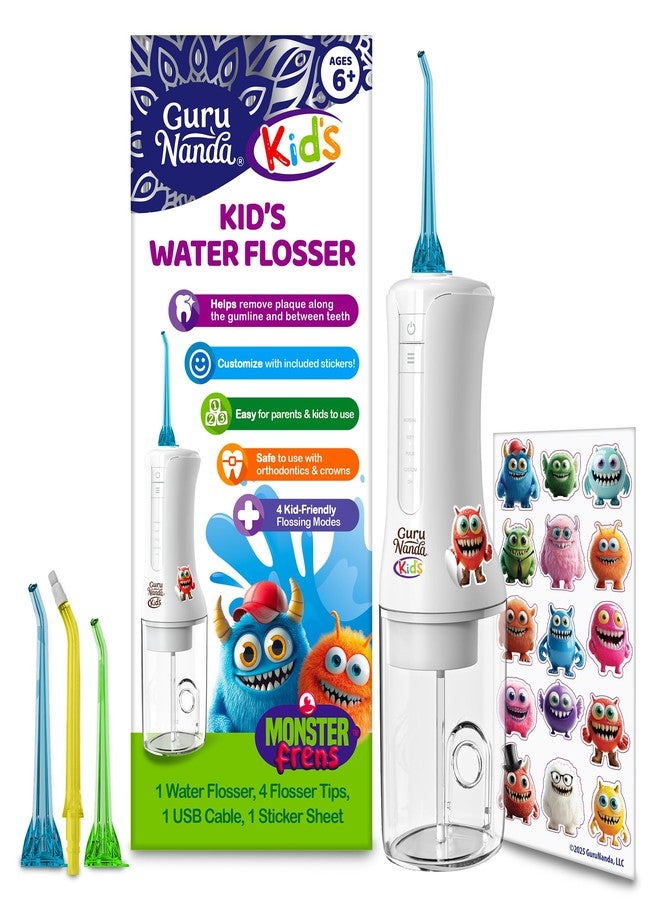 GuruNanda Kids Water Dental Flosser - 4 Flossing Modes, 4 Nozzles, 2-Min Smart Timer, Ages 6+, Monster Frens Theme, Portable Oral Care for Kids - Image 1
