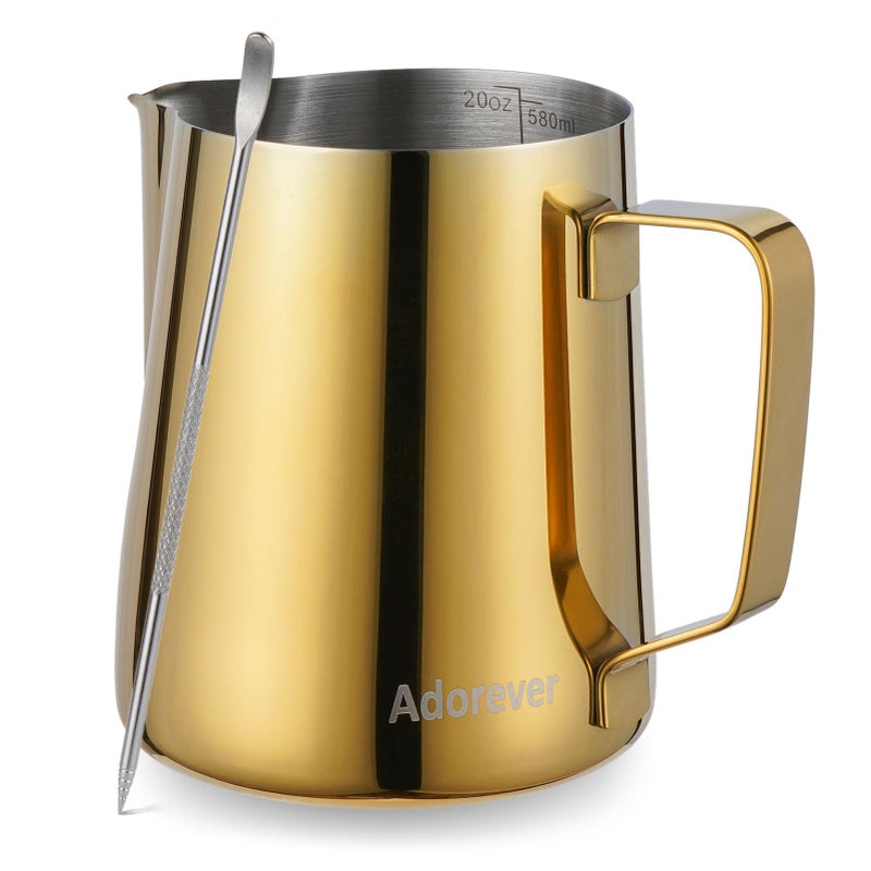 Adorever Milk Frothing Pitcher 600ml 20oz Steaming Pitchers Stainless Steel Milk Coffee Cappuccino Latte Art Barista Steam Pitchers Milk Jug Cup with Decorating Art Pen Gold