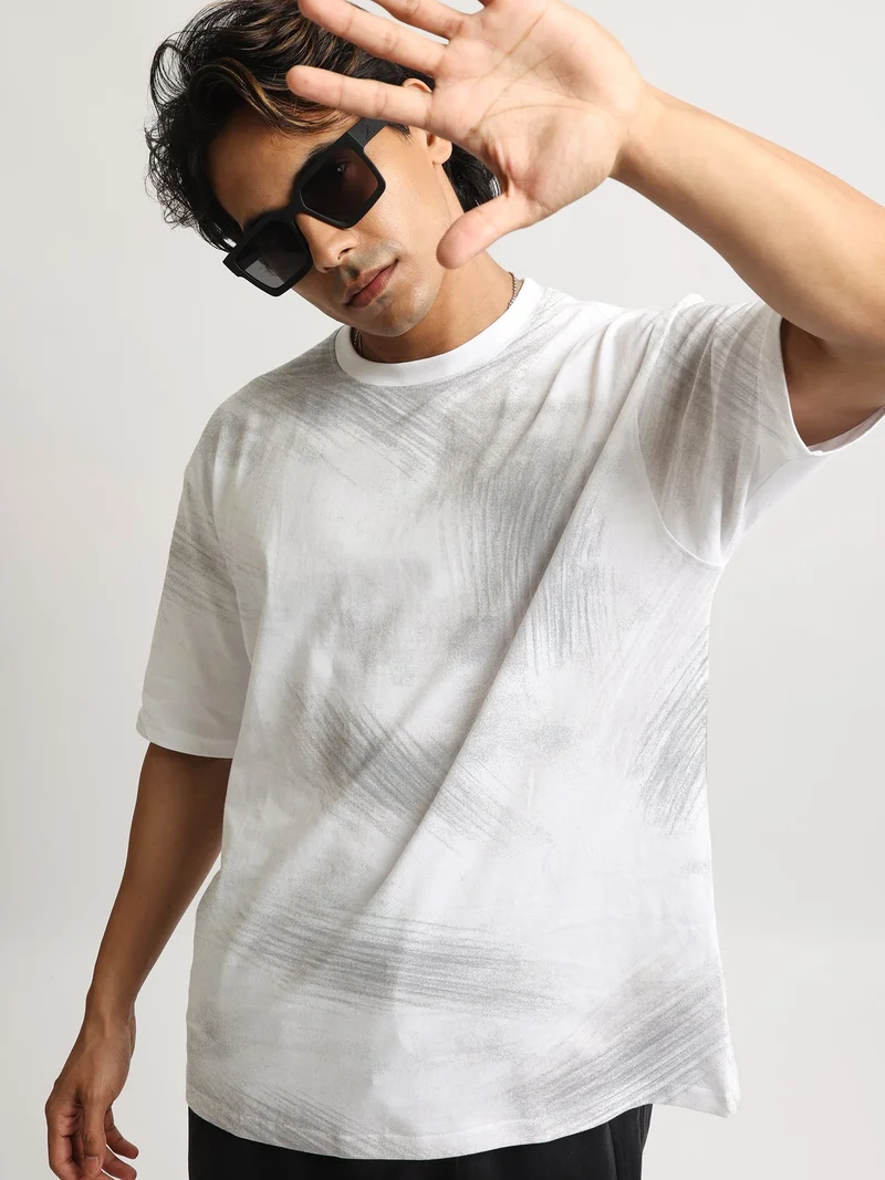 مانياك Maniac Mens Spray Printed Round Neck Half Sleeve White and Grey Cotton Tshirt