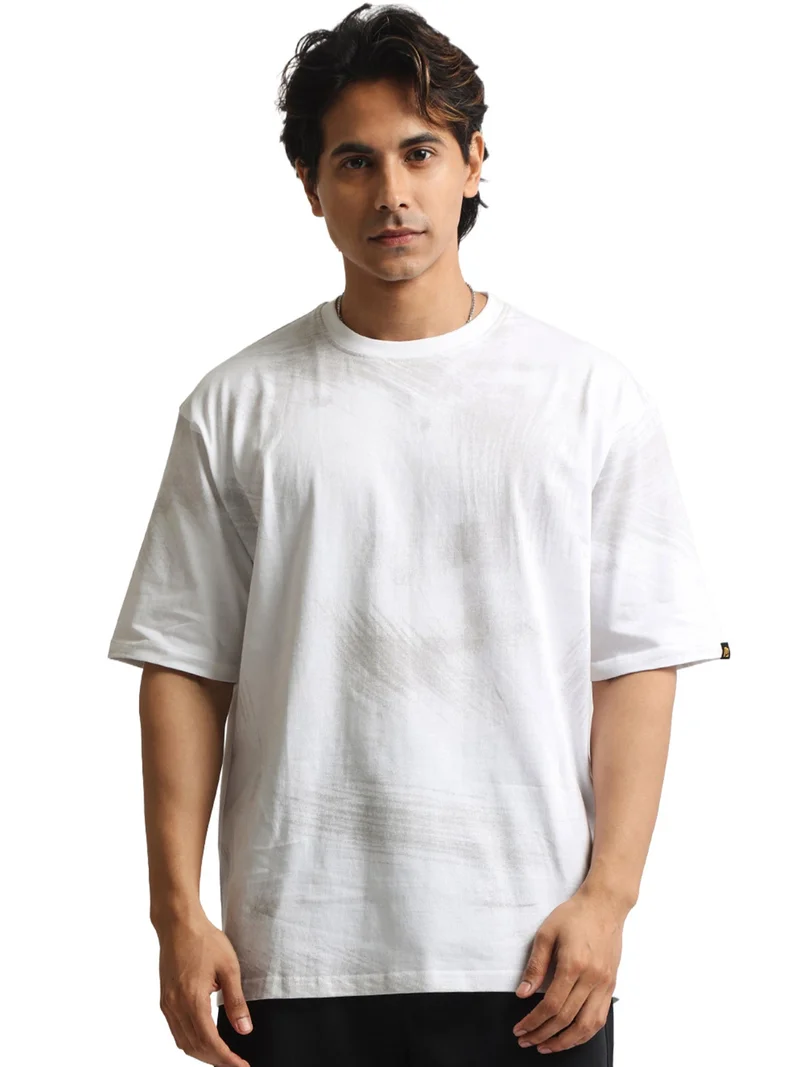 مانياك Maniac Mens Spray Printed Round Neck Half Sleeve White and Grey Cotton Tshirt