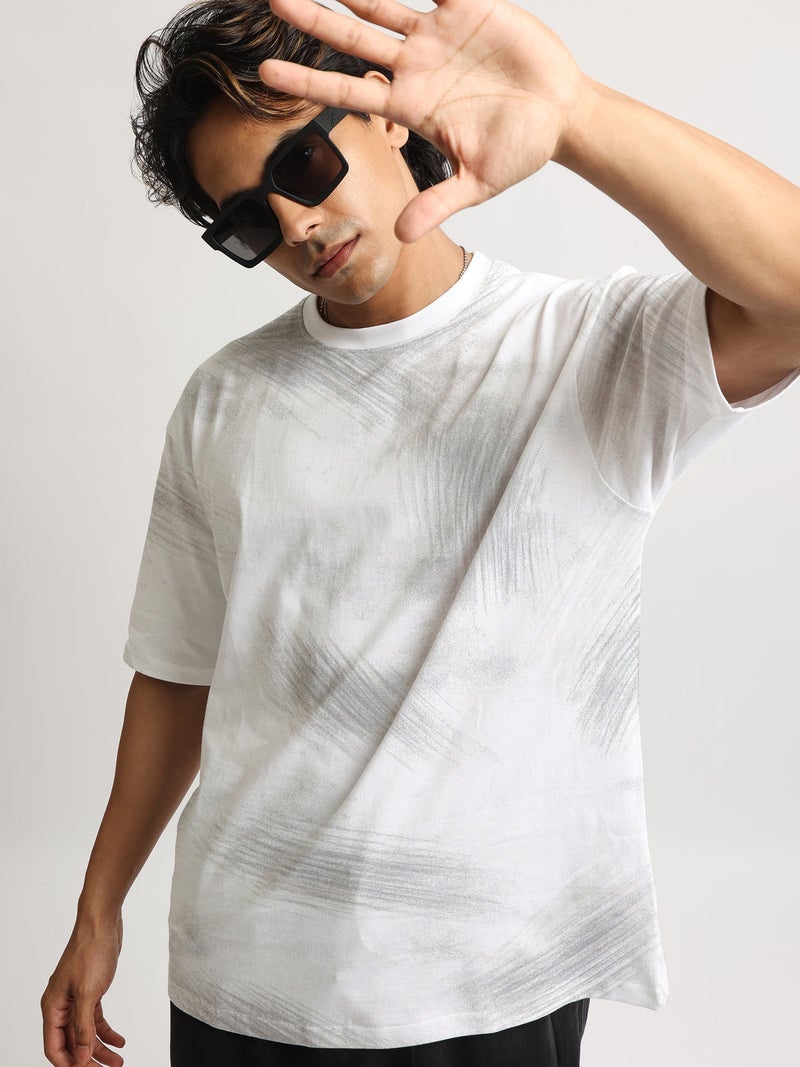 Maniac Mens Spray Printed Round Neck Half Sleeve White and Grey Cotton Tshirt - Image 3