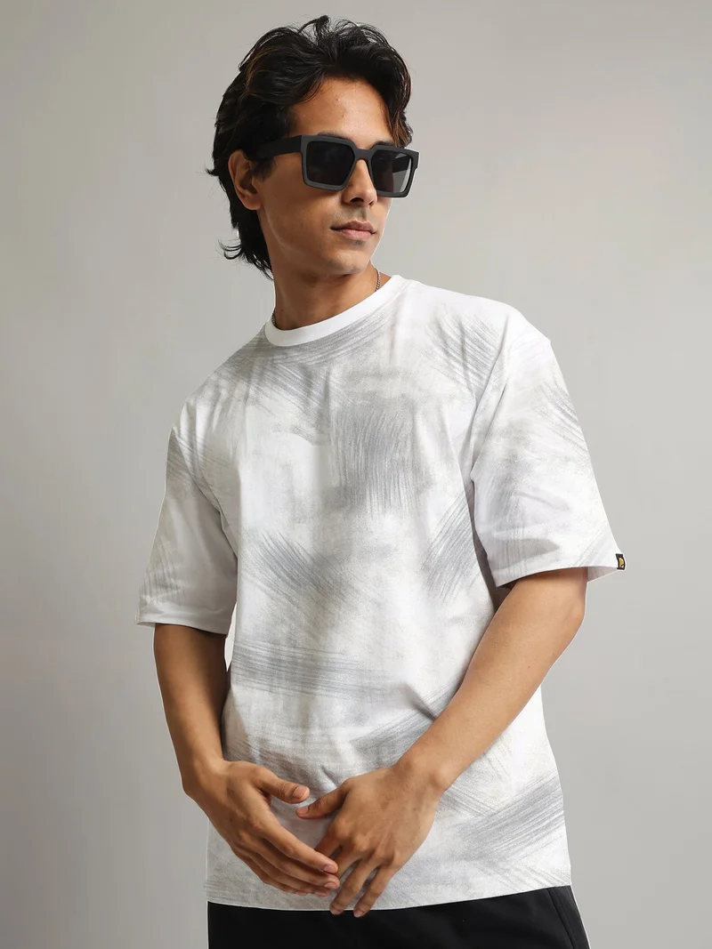 مانياك Maniac Mens Spray Printed Round Neck Half Sleeve White and Grey Cotton Tshirt