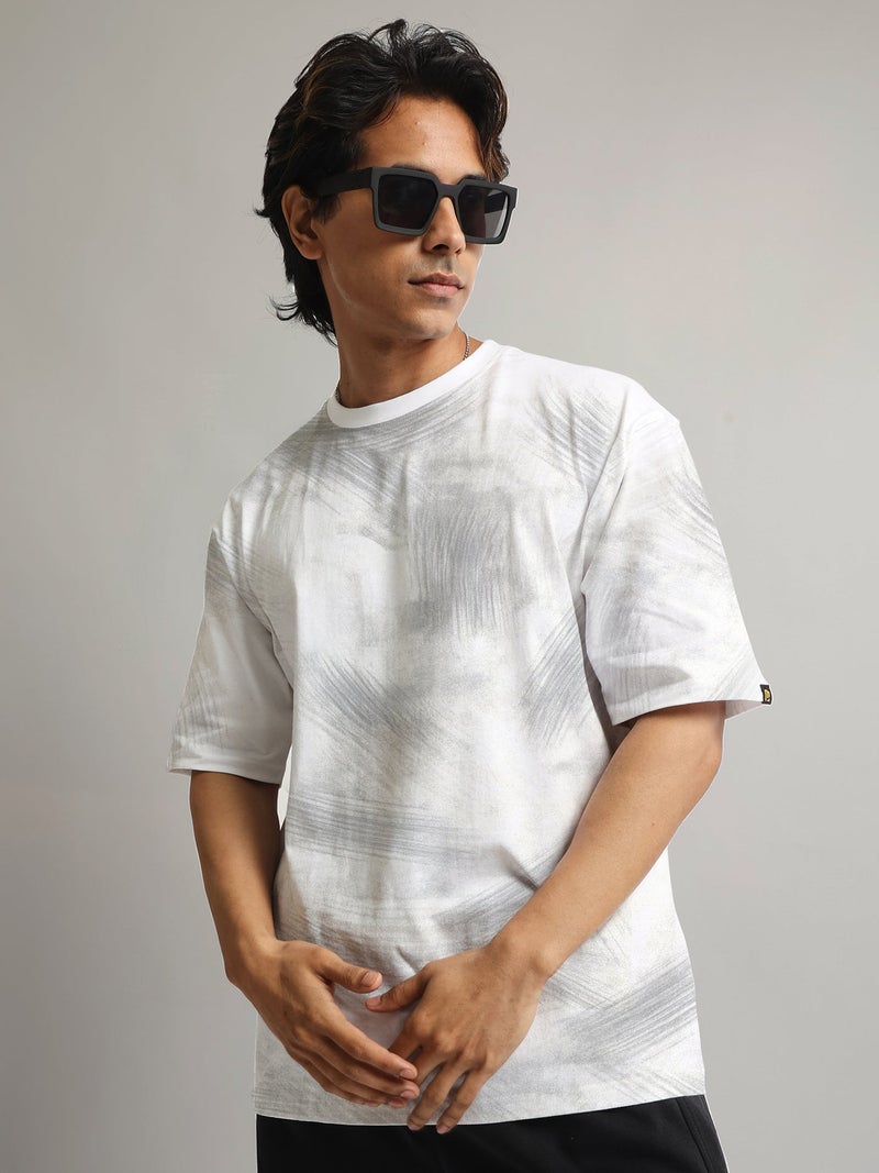 Maniac Mens Spray Printed Round Neck Half Sleeve White and Grey Cotton Tshirt - Image 1