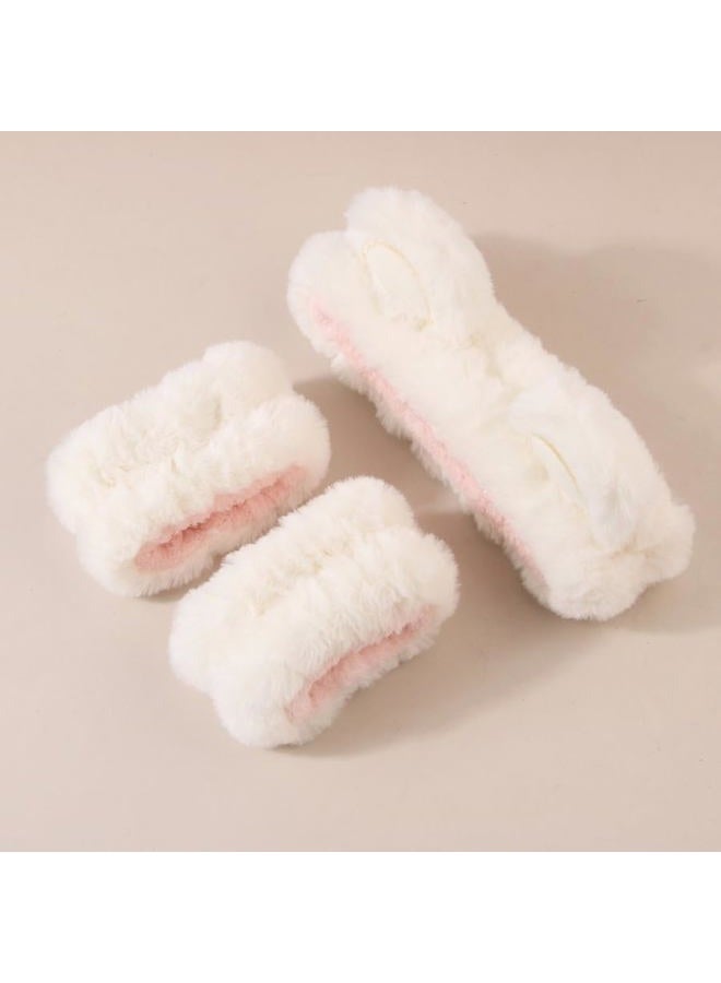 BeiHCain 7pcs/Set Hairdressing Accessories Kit, Lovely Bear Decor Head Band, Elastic Fluffy Water Absorbent Head Hoops, Flower Shaped Hair Claw Clips, Ponytail Holders Hair Ties (White) - Image 3
