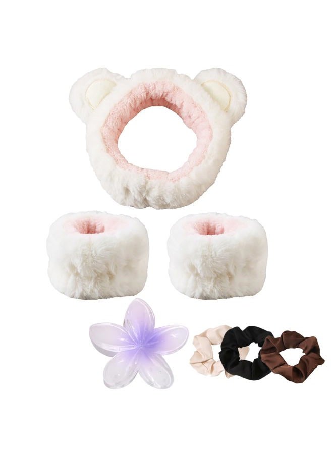 BeiHCain 7pcs/Set Hairdressing Accessories Kit, Lovely Bear Decor Head Band, Elastic Fluffy Water Absorbent Head Hoops, Flower Shaped Hair Claw Clips, Ponytail Holders Hair Ties (White) - Image 1