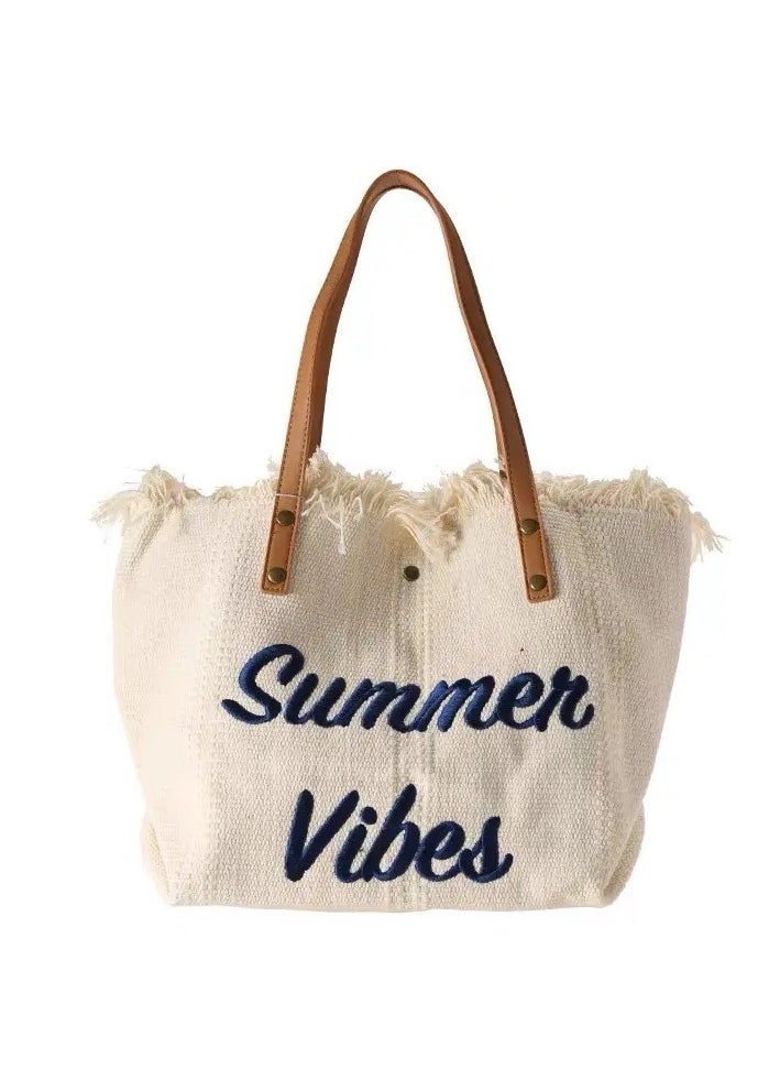 SamoDani Summer Vibes Cotton Tote Bag for Women, Travel Beach Tassel Gift, Large Capacity  - Image 1
