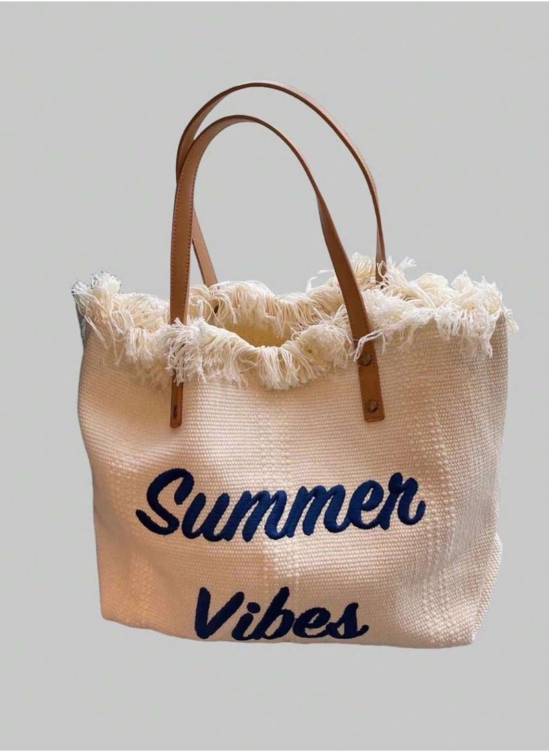 SamoDani Summer Vibes Cotton Tote Bag for Women, Travel Beach Tassel Gift, Large Capacity  - Image 4