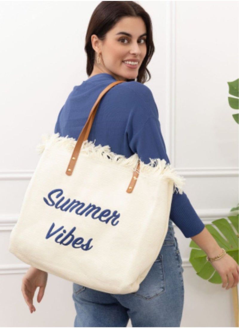 SamoDani Summer Vibes Cotton Tote Bag for Women, Travel Beach Tassel Gift, Large Capacity  - Image 3