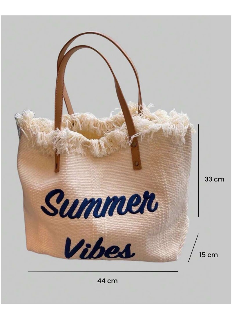 SamoDani Summer Vibes Cotton Tote Bag for Women, Travel Beach Tassel Gift, Large Capacity  - Image 2