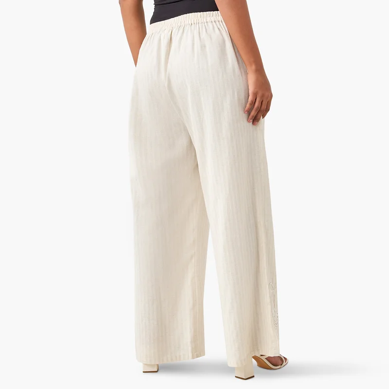Ulla Popken Plus Size Ulla Popken Textured Wide Leg Pants with Drawstring Closure
