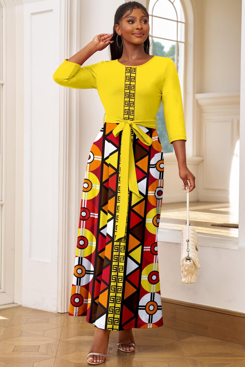 FANDEE Plus Size African Dresses for Women Summer Fall Dresses Plus Size, Flowy Long Sleeve Dress with Belt,Yellow,2XL - Image 3