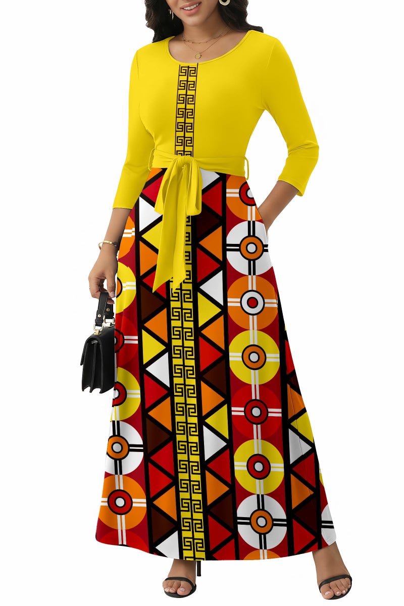FANDEE Plus Size African Dresses for Women Summer Fall Dresses Plus Size, Flowy Long Sleeve Dress with Belt,Yellow,2XL - Image 1