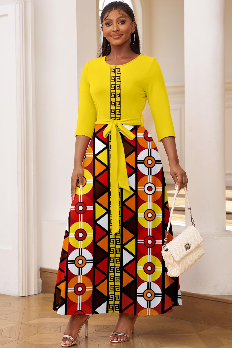 FANDEE Plus Size African Dresses for Women Summer Fall Dresses Plus Size, Flowy Long Sleeve Dress with Belt,Yellow,2XL - Image 4