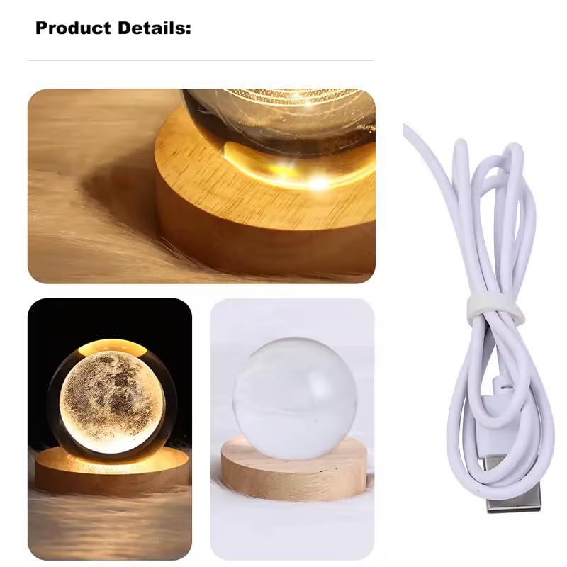 SAJANI 3D Galaxy Crystal Ball Night Lamp, Led Glass Ball Light with Wooden Base, Decorative Night Light for Home, Office, Bithday Gift for Adults, Boys, Girls (Pack of 1) (Moon) - Image 2
