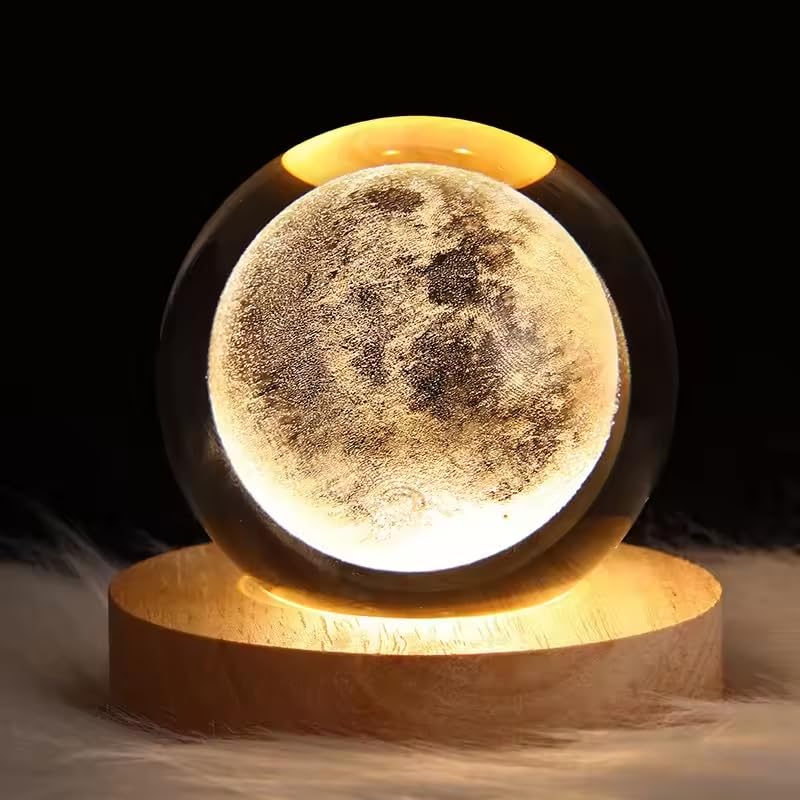 SAJANI 3D Galaxy Crystal Ball Night Lamp, Led Glass Ball Light with Wooden Base, Decorative Night Light for Home, Office, Bithday Gift for Adults, Boys, Girls (Pack of 1) (Moon) - Image 1
