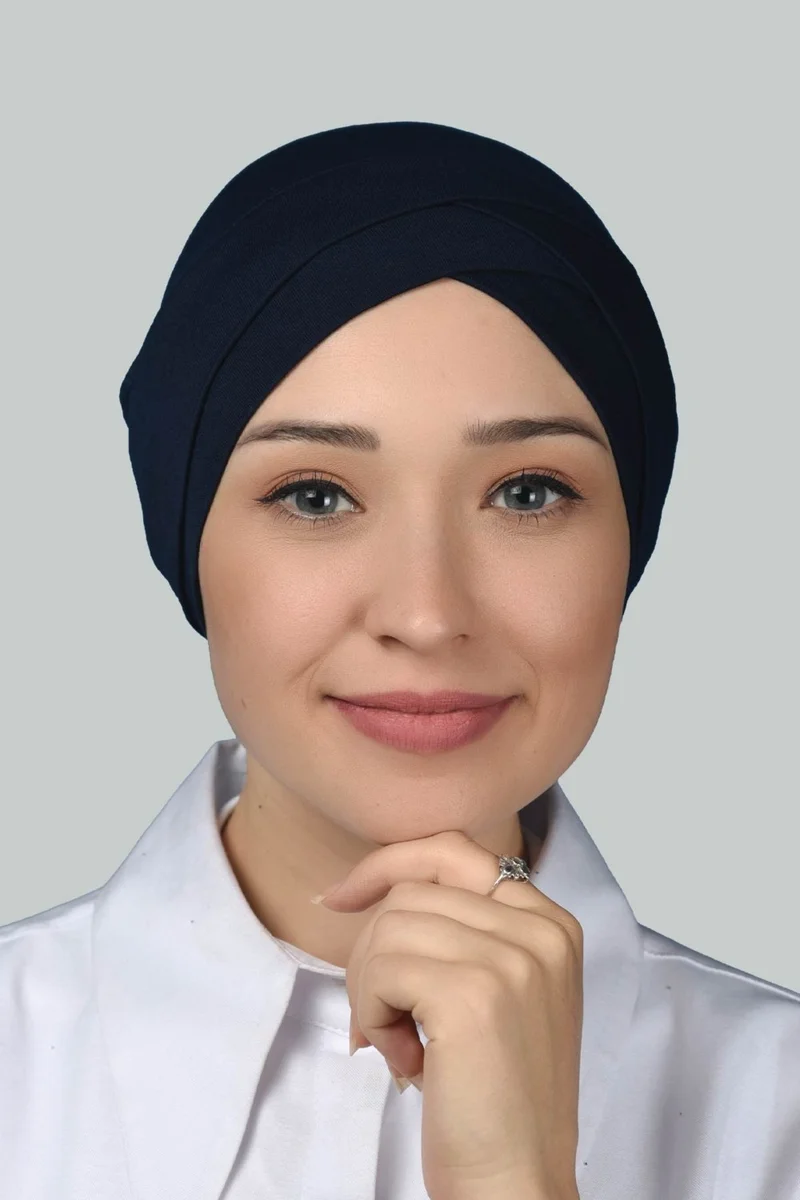 التوبة Four-Striped Cross Outer Hijab Bonnet Ready-made Turban Combed Cotton - Navy Blue