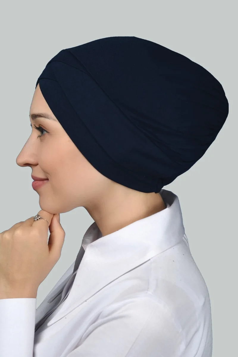 التوبة Four-Striped Cross Outer Hijab Bonnet Ready-made Turban Combed Cotton - Navy Blue