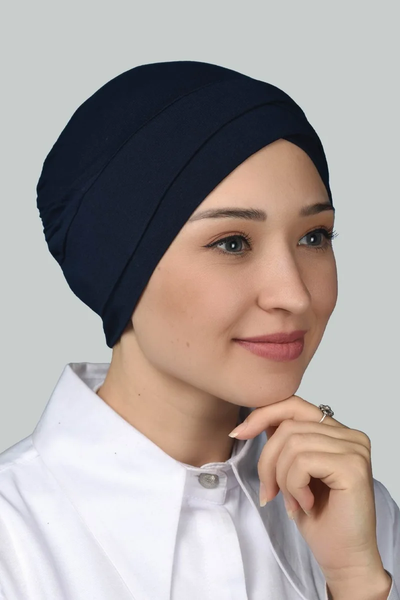 التوبة Four-Striped Cross Outer Hijab Bonnet Ready-made Turban Combed Cotton - Navy Blue